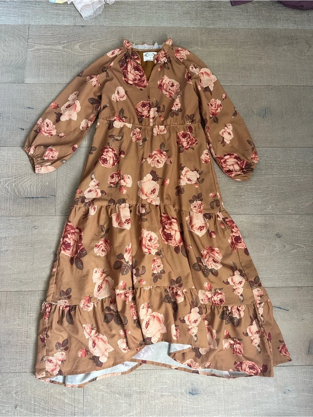 Joyfolie Brown Floral Tie-Neck Maxi Dress with Pink Roses